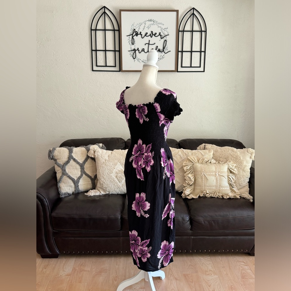 Hawaii Aloha Floral Print Midi Dress Ruched Bodice Beach Summer One Size Retro - Picture 5 of 10